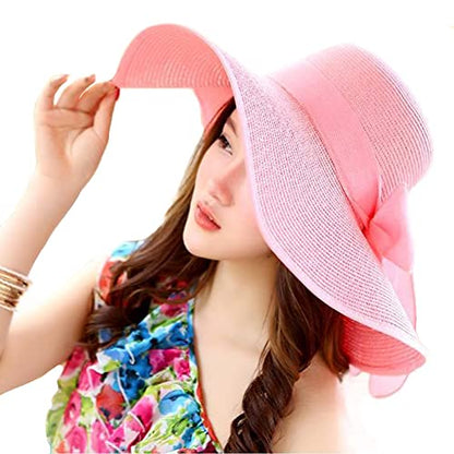 FSIGOM Women's Folable Floppy Hat,Wide Brim Sun Protection Straw Hat, Summer UV Protection Beach Cap - color: C1-f-pink, size: Medium