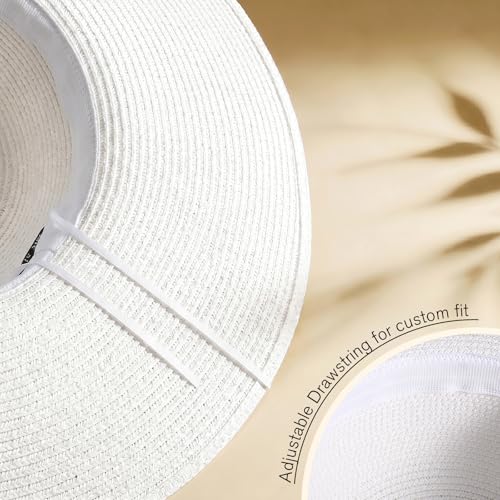 Women's Sun Straw Hat Wide Brim Floppy Foldable Hats Beach Travel Summer Vacation Hat UPF 50+ - color: White