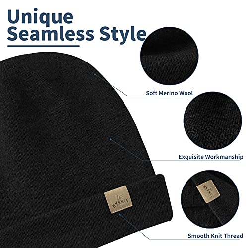 Mens Beanie Merino Wool Warm Hats for Women Men Knit Slouchy Double Layer Warm Cuffed Skull Beanie Skiing Skating Black