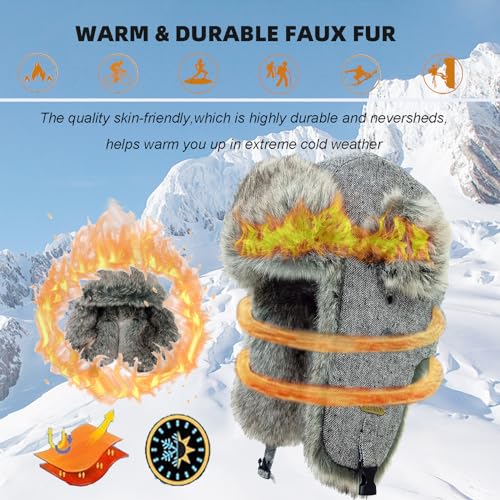 HEYANN Trapper Hat,Warm Faux Fur Trooper Ushanka Russian Bomber Eskimo Pilot Winter Hats with Ear Flaps for Men and Women - color: Greyganghua, size: Large