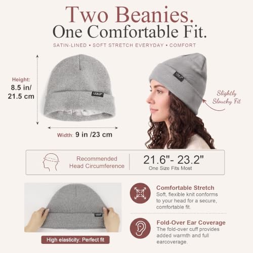 2 Pack Satin Lined Beanies for Men and Women Warm Cuffed Winter Hats - color: Dark Grey+light Grey