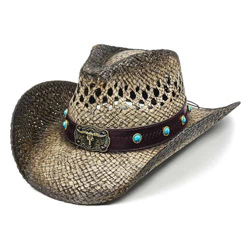 FLUFFY SENSE. Cowgirl Hats for Women Straw Cowboy Hat Western Beach Sun Hat with Shapeable Brim for Coastal Cowgirl - color: Faded Ash Brown