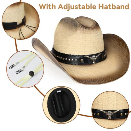 WQWOVRVO Cowboy Hat,Cowgirl hat,Brown Cowboy Hats for Women/Mens Straw Wide with Shapeable Brim Western Cowboy Hat for Womens - color: Beige & Coffee Color