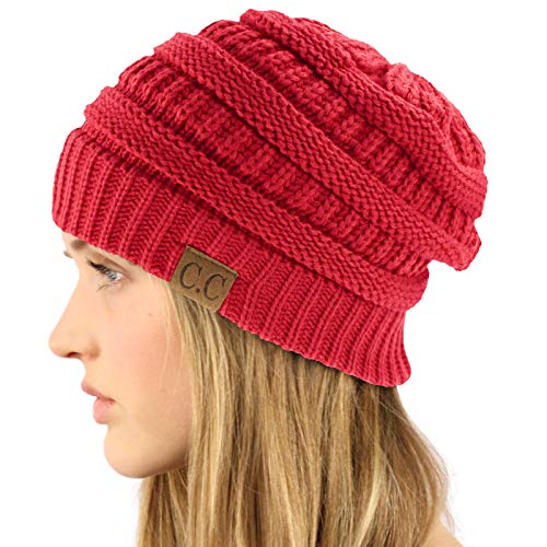 CC Classic Winter Fall Trendy Chunky Stretchy Cable Knit Beanie Hat - color: Solid Hot Pink