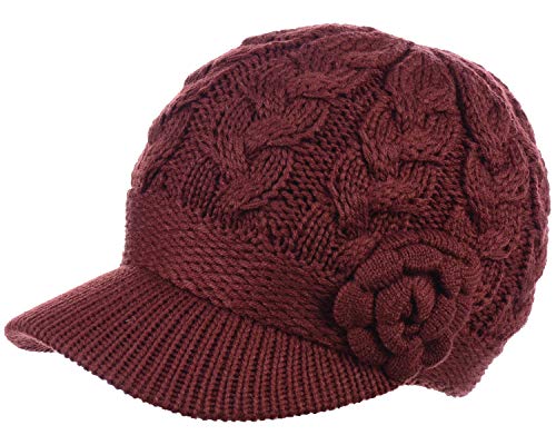 BYOS Womens Winter Chic Cable Warm Fleece Lined Crochet Knit Hat W/Visor Newsboy Cabbie Cap - color: Cable W/ Flower Wine