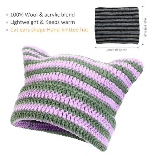 Women Beanie Warm Winter Hats, Soft Knit Lazy Beanie for Women, Women Cat Beanie，Women Fox hat, Slouchy Beanies for Women - color: 2pcs Purple Green & Black