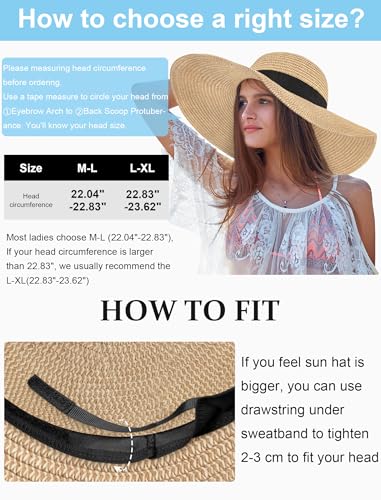 Floppy Sun Hats for Women, Summer Wide Brim Straw Beach Hat - color: Beige Khaki, size: Large