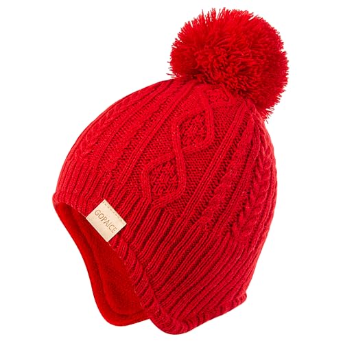 Kids Winter Beanie Hat and Scarf Set with Pom Pom for Girls, Children's Thick Ski Cap with Earflap Fleece Lined Hat 3-9 Years - color: Red