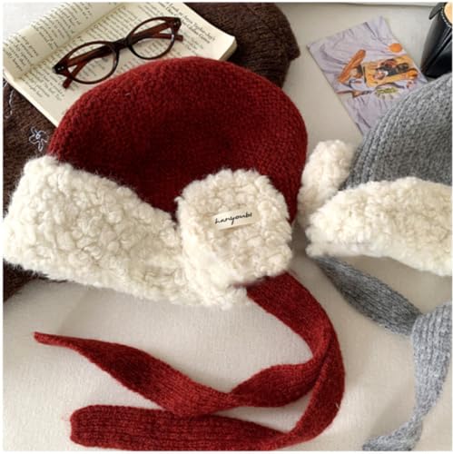 Women Winter Fleece Beanie Hat with Ear Flaps Soft Warm Crochet Skull Caps - color: Grey