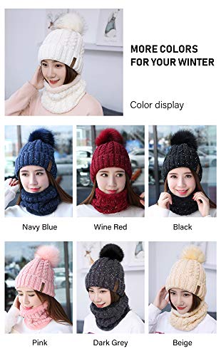 IYEBRAO Womens Winter Knit Beanie Hat and Scarf Set Girls Cute Slouchy Thick Fleece Lined Ski Hat Warm Skull Cap with Pom - color: A4-white