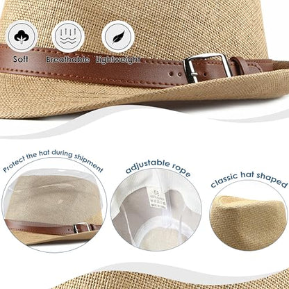 Straw Fedora Hat for Men Panama Hat Short Brim Summer Sun Hat - color: A-khaki
