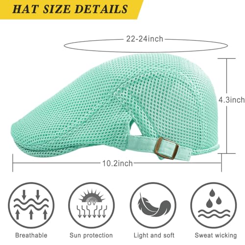 Xinveen Men's Mesh Cap Breathable Summer Newsboy Hat Adjustable Beret Ivy Cap Irish Cabbie Driving Hunting Hats - color: Green