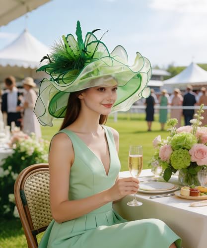 Organza Church Derby Hats for Women Wedding Tea Party Fascinator Floral Wide Brim Sun Hat - color: Style05 Light Green