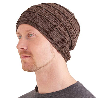 CHARM Mens Summer Beanie Cotton - Womens Crochet Slouch Cap Hand Made Chemo Hat - color: Light Brown
