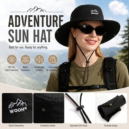 WOOH Sun Hats for Women,UPF80+ Wide Brim Foldable Bucket Hat with Adjustable Chin Strap,Summer Hat for Beach Hiking Gardening - color: Black