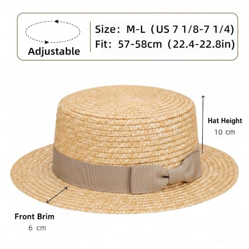 Classic Straw Boater Hat for Men and Women,Vintage Skimmer Flat Top Hat - color: Beige Ribbon