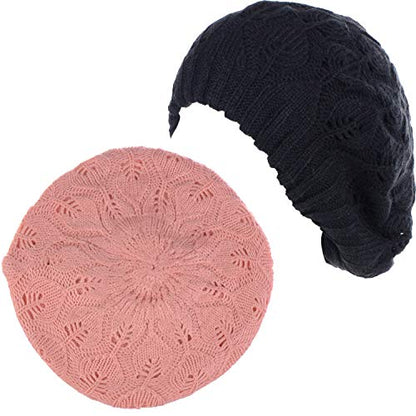BYOS Women Mid-Weight Slouchy Leafy Cutout Crochet Soft Knit French Beret Hat - color: 2-pack-pink & Bk