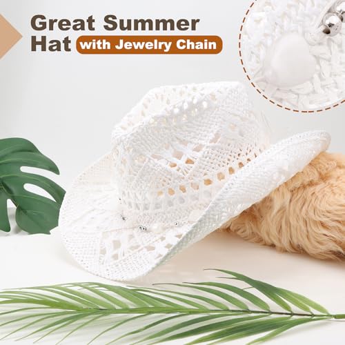 AQOKKA Straw Cowboy Hats for Women Men Western Cowgirl Hats with Shapeable Brim Woven Hollow Out Unisex Beach Roll Up Caps - color: Cowboy Hat : Solid White