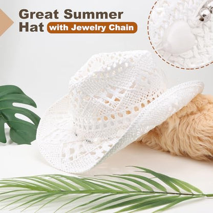 AQOKKA Straw Cowboy Hats for Women Men Western Cowgirl Hats with Shapeable Brim Woven Hollow Out Unisex Beach Roll Up Caps - color: Cowboy Hat : Solid White
