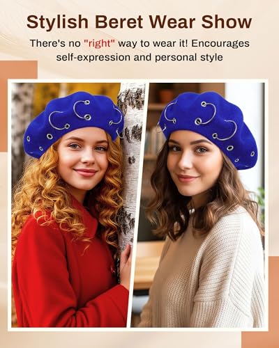 AWAYTR Punk Beret Hat for Women - 90% Wool Blend Goth Alt French Cap - color: Royal Blue