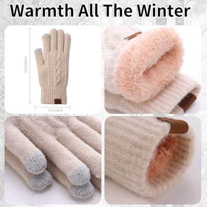 Winter Hat Scarf Gloves Set for Women, Classic Cable Beanie with Removable Pom Pom Long Scarf Touchscreen Gloves 3 in 1 Set - color: Beige
