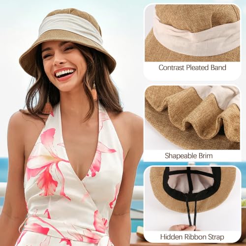 Babalet Women Summer Bucket Sun Hat Lightweight Beach Faux Linen Blend Bucket Hat Adjustable Foldable UV Protection Beach Cap - color: Marled Khaki / White Band