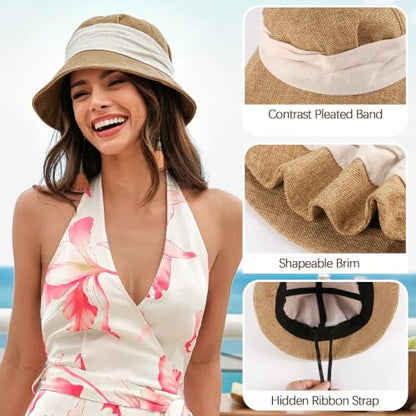 Babalet Women Faux Linen Blend Beach Bucket Hat Lightweight Fisherman Hat - color: Marled Khaki / White Band