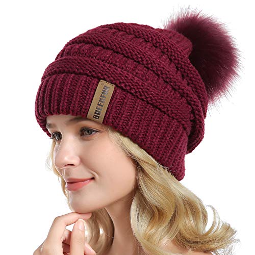 Women Knit Slouchy Beanie Chunky Baggy Hat with Faux Fur Pompom Winter Soft Warm Ski Cap - color: A3-burgundy