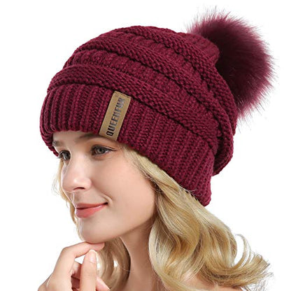 Women Knit Slouchy Beanie Chunky Baggy Hat with Faux Fur Pompom Winter Soft Warm Ski Cap - color: A3-burgundy