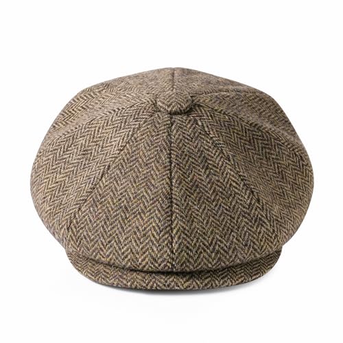 Men Wool Blend 8 Panel Newsboy Cap - color: Herringbone Khaki, size: 7 5/8
