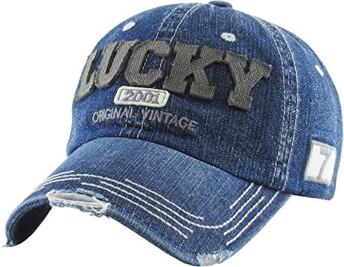 Fashion Vintage Distressed Washed Assorted Baseball Cap Dad Hat Adjustable Unisex - color: .Medium Denim Lucky