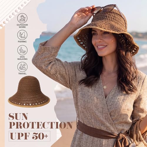 Eurzom Wide Brim Straw Bucket Hats for Women Summer Beach Sun Hat Foldable Packable Outdoor Travel Fedora Hat UV Protection - color: Brown