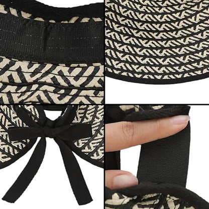 Womens Foldable Straw Sun Hat Wide Brim Adjustable Roll Up Visor Hat Woven Packable Summer Beach Hat Travel Vacation Holiday - color: Black & White