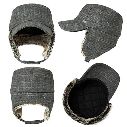TOP-EX Oversized XL/XXL Unisex Winter Trapper Military Hat Faux Fur Earflaps Quilted Lined Baseball Cap - color: Darkgrey(twill), size: Large