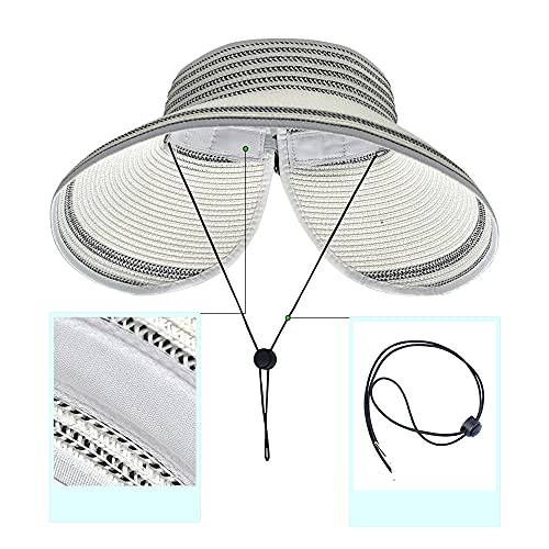 Women Sun Visors Foldable Straw Hats Summer Beach Packable Hat Floppy Wide Brim Cap Deep Style, Adjustable Size - color: White