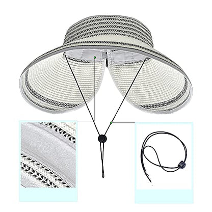 Women Sun Visors Foldable Straw Hats Summer Beach Packable Hat Floppy Wide Brim Cap Deep Style, Adjustable Size - color: White