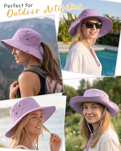 Women Sun Hat with Ponytail Hole Wide Brim Bucket Sun Protection for Summer - color: Light Purple