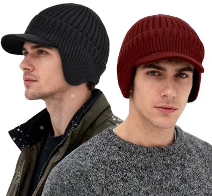 2Pack Men&Women Winter Warm Fleece-Lined Knit Beanie Hats with Brim & Ear Flaps for Cold Weather - color: Black+wine Red