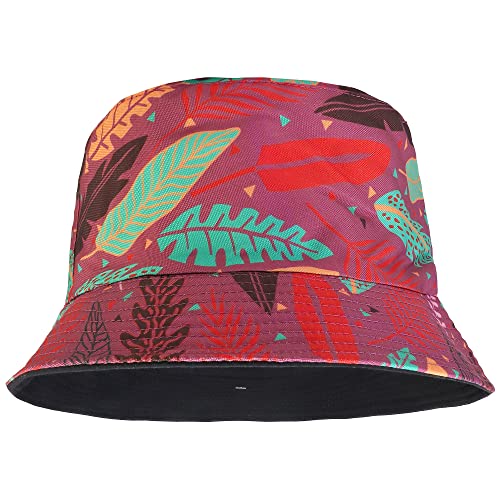 Falari Reversible Bucket Hat for Men Women Summer Travel Beach Outdoor Fishing Hat 100% Cotton - color: J895-dark Pink-leaf