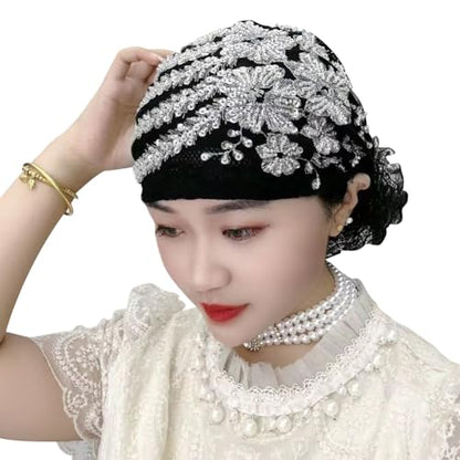 haozaikeji Women Flower Turban Hat Rhinestones Muslim Islamic Head Wrap African Pearl Turban Soft Stretchy Head Cover - color: Black-gold