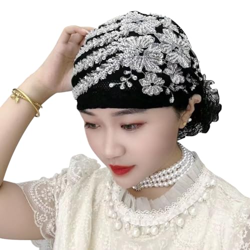 haozaikeji Women Flower Turban Hat Rhinestones Muslim Islamic Head Wrap African Pearl Turban Soft Stretchy Head Cover - color: Black-gold