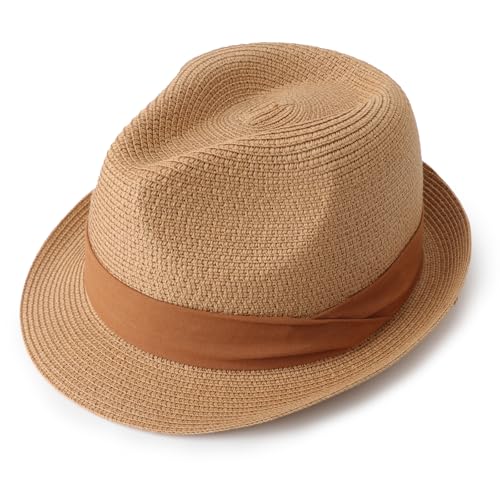 AQOKKA Summer Straw Fedora Hat for Women Men Travel Panama Hat with Wide Brim Roll Up Sun Hat for Beach Outdoor UPF 50+ - color: Khaki-brown