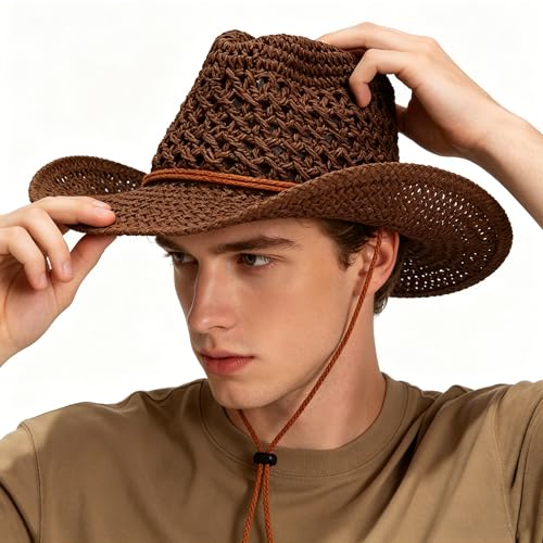 Men's Floppy Packable Straw Hat Beach Cap Newsboy Fedora Sun Hat, Big Brim, Adjustable Chin Strap - color: Brown-a