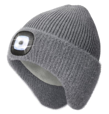 MELASA Winter Fleece Lined LED Beanie with Earflap, Warm Hats with Light - color: Gray