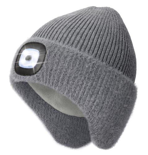 MELASA Winter Fleece Lined LED Beanie with Earflap, Warm Hats with Light - color: Gray