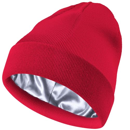 ROYBENS Satin Lined Beanie Hat for Women Men, Wool Knit Cuffed Winter Hats - color: 1pcs Red