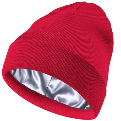 ROYBENS Satin Lined Beanie Hat for Women Men, Wool Knit Cuffed Winter Hats - color: 1pcs Red