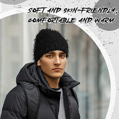 Chuarry Distressed Knitted Beanie Fuzzy Winter Hat - color: Black