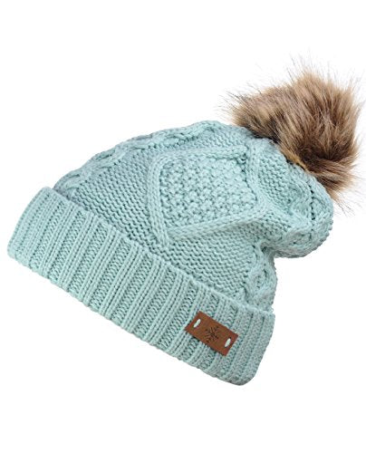 Women's Winter Fleece Lined Cable Knitted Pom Pom Beanie Hat - color: Mint