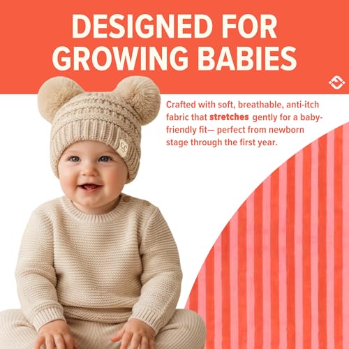 Funky Junque Double Pom Pom Baby Beanie – Newborn Girl Winter Hat 0–12 Months, Cute Cozy Knit Infant Beanies for Cold Weather - color: Beige - Double Pom